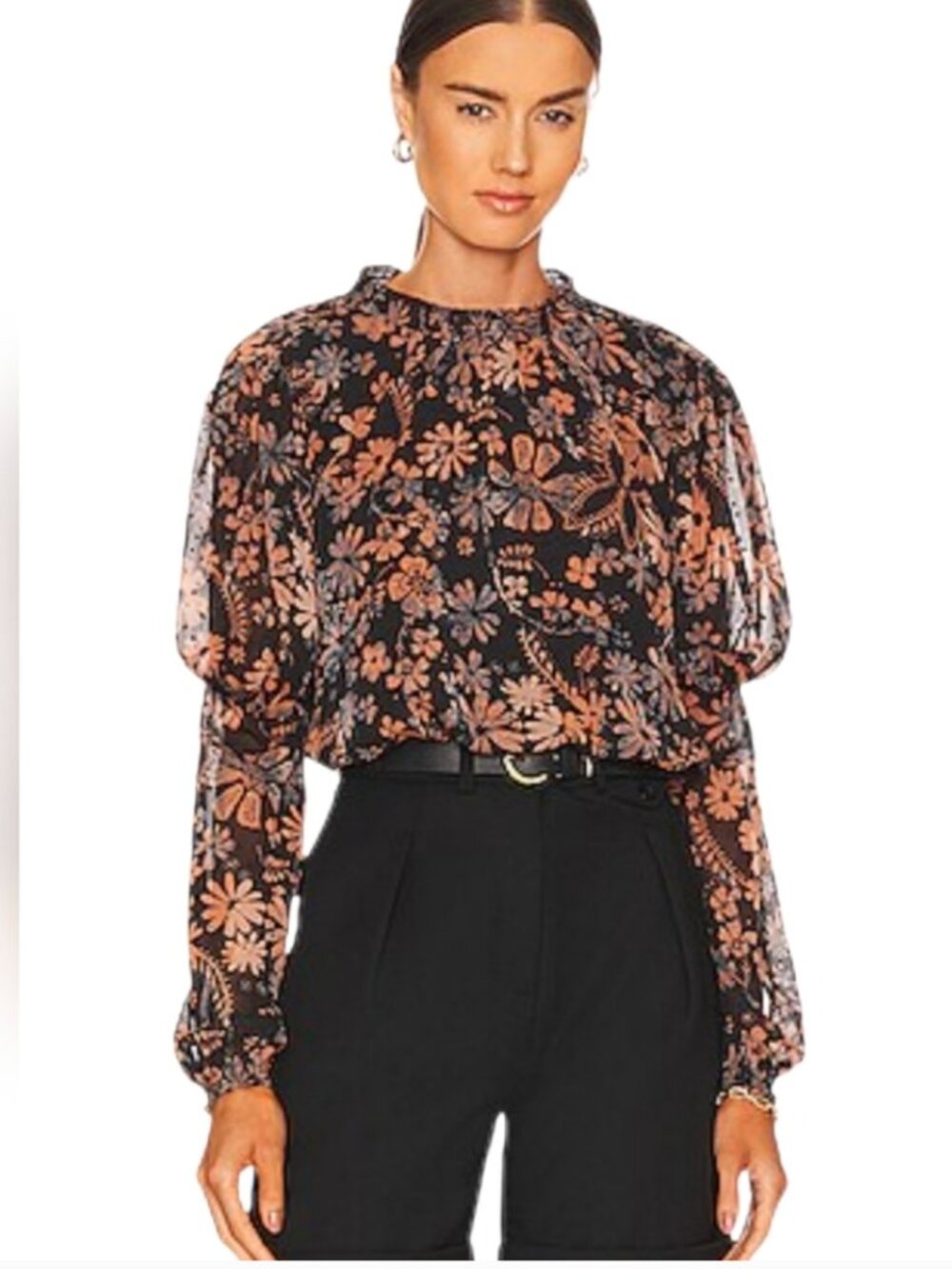 NWT Free People Women's Clarissa Boho High Neck Black‎ Floral Long Sleeve Top XS